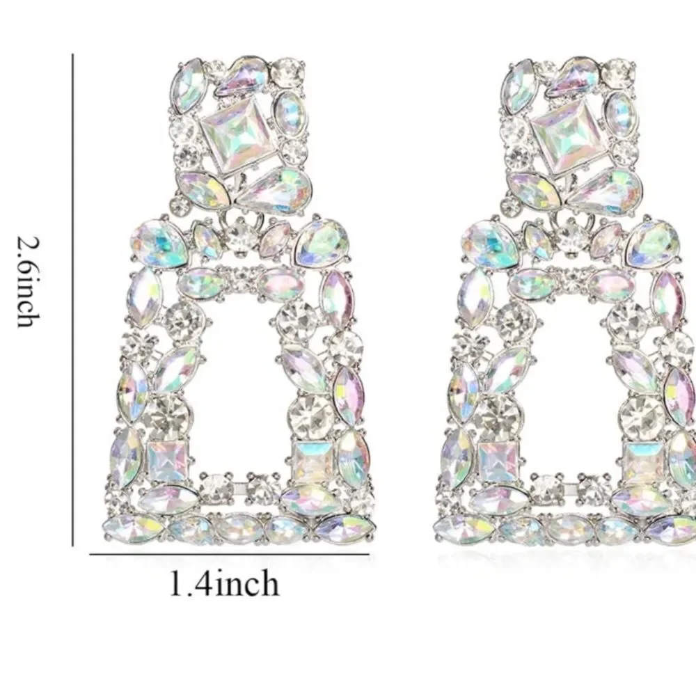 Silver with Iridescent AB and Diamond Crystal Geometric Rectangle Post Earrings